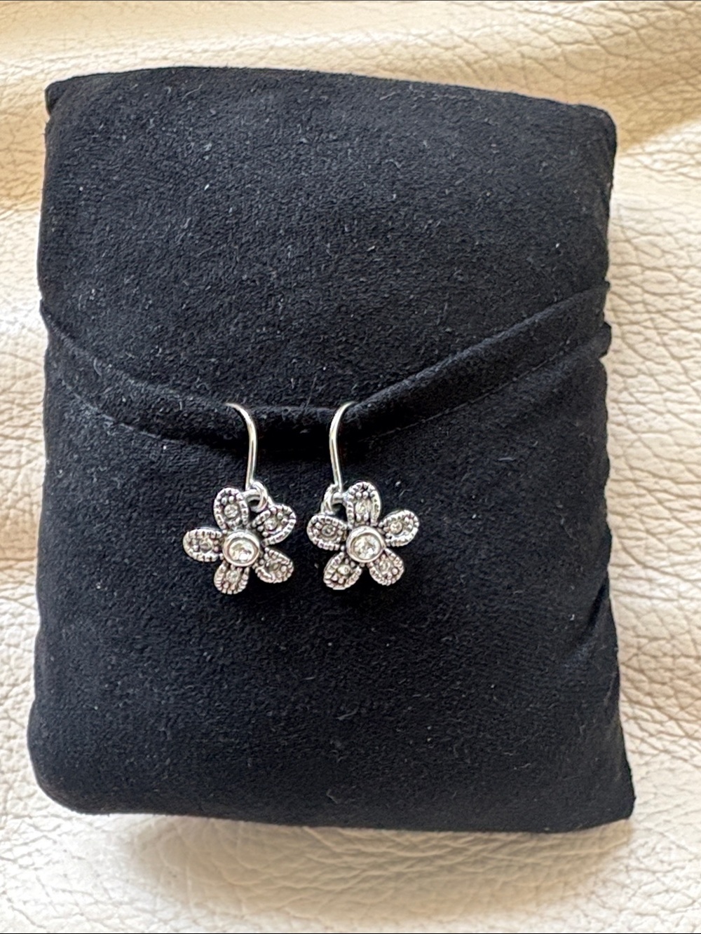 Silver Flower Drop Earrings - Clear Crystal Accents
